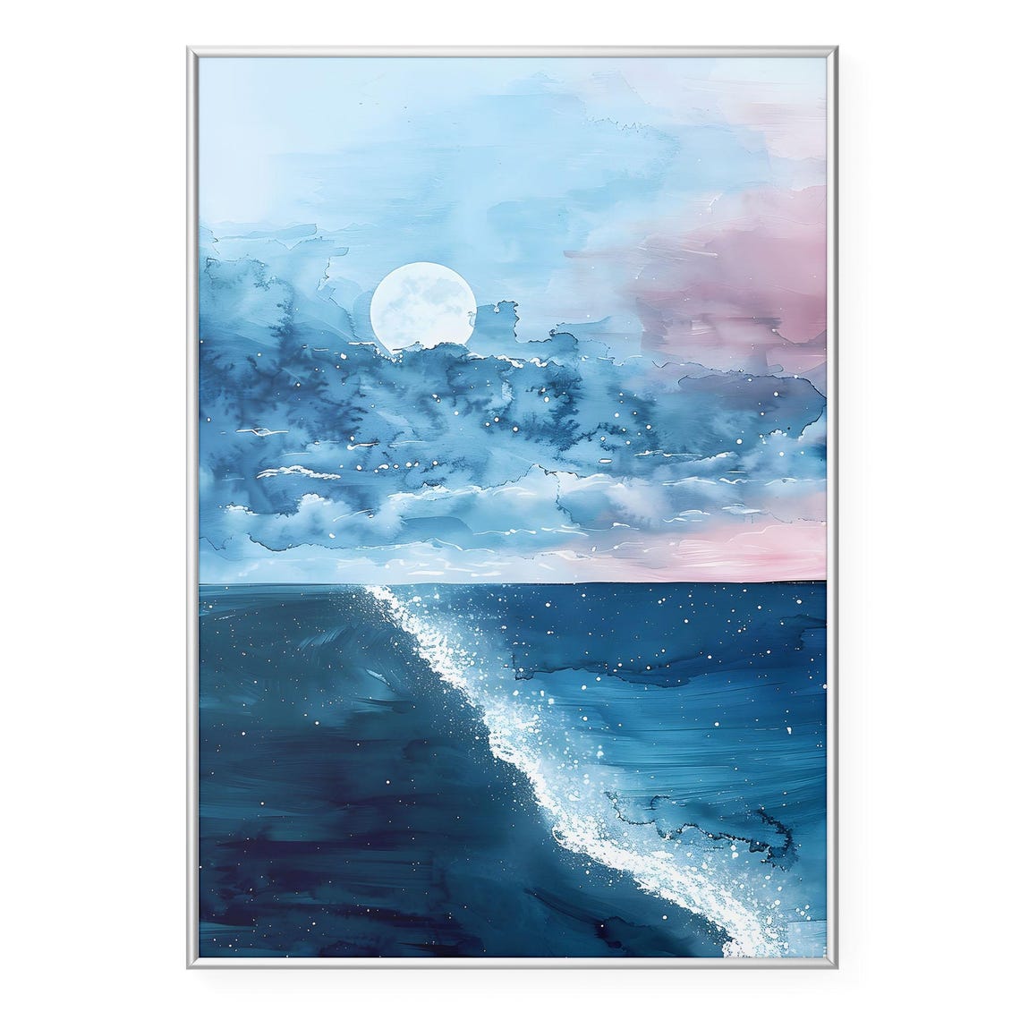 Moonlit Ocean Night Sky Starry Sea Waves Watercolor Art Poster
