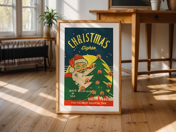 Retro Christmas Lights Santa Holiday Art Poster