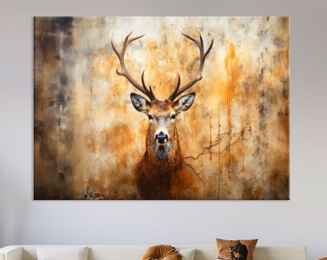 Fiery Orange Abstract Stag Poster with Teal Paint Splatter Wild Art