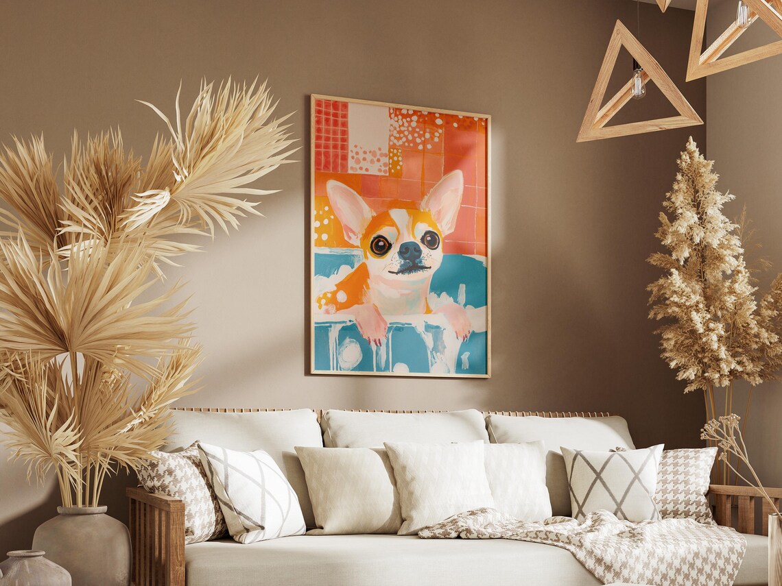 Adorable Chihuahua Puppy Taking A Bubble Bath In Blue Tub Poster - Image 3