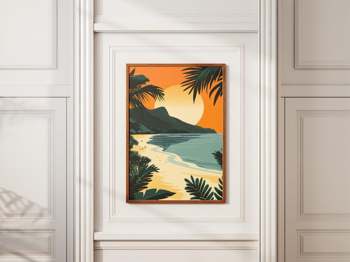 Tropical Beach Sunset Palm Silhouette Island Ocean View Poster - Image 2