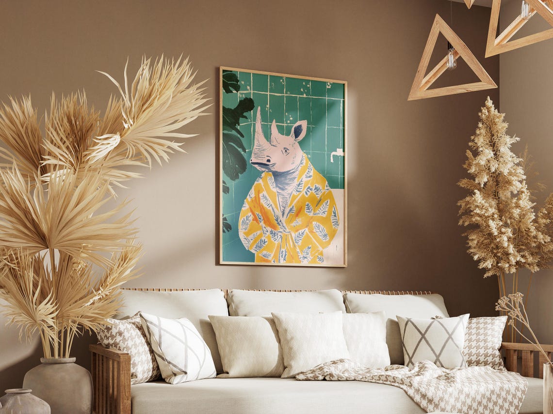 Elegant Rhino In Yellow Leaf Bathrobe Whimsical Bathroom Poster - Image 3