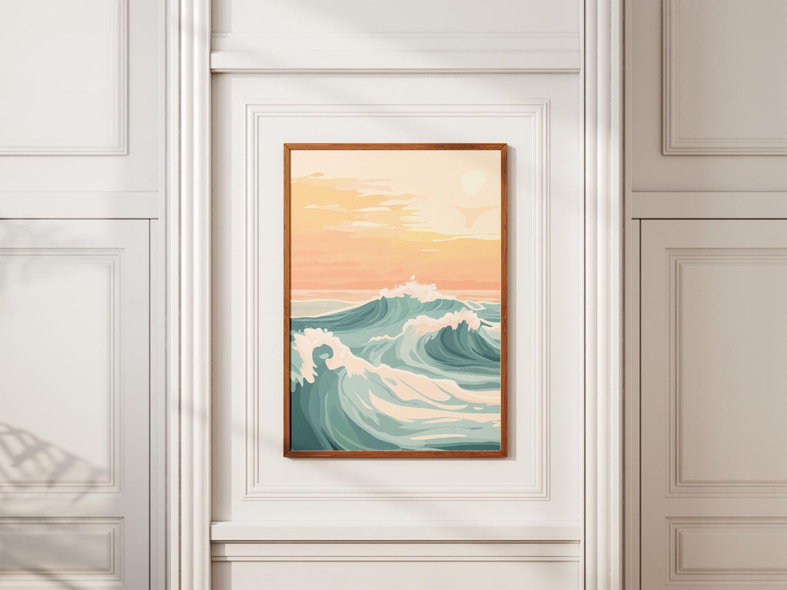Teal Ocean Waves Under a Peach Sunset Sky Coastal Art Poster - Image 2