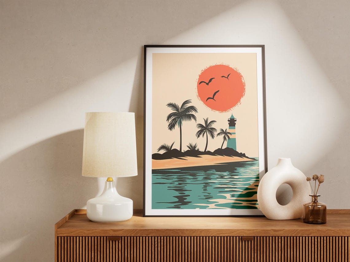 Tropical Island Lighthouse Palm Trees Red Sunset Minimal Poster - Image 5