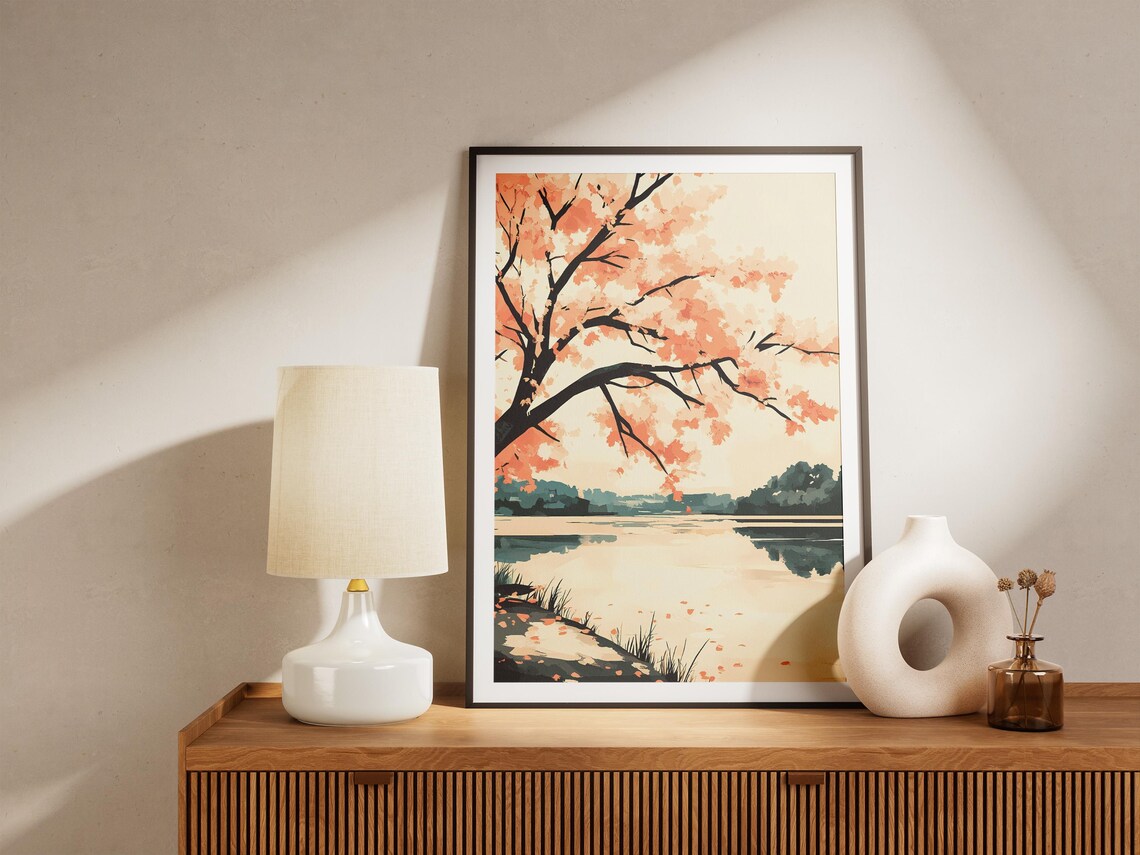 Blooming Peach Blossom Tree Over Still Lake In Spring Landscape Poster - Image 5