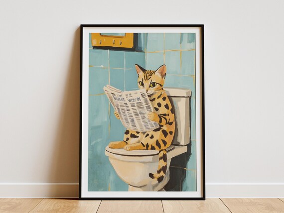 Funny Spotted Cat Reading Newspaper on Toilet Bathroom Poster