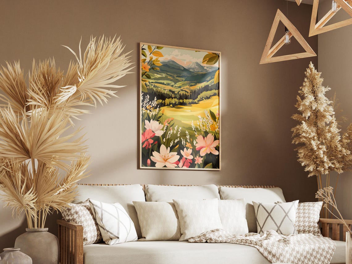 Wildflower Meadow Framed by Lilies Over a Green Valley Poster - Image 3