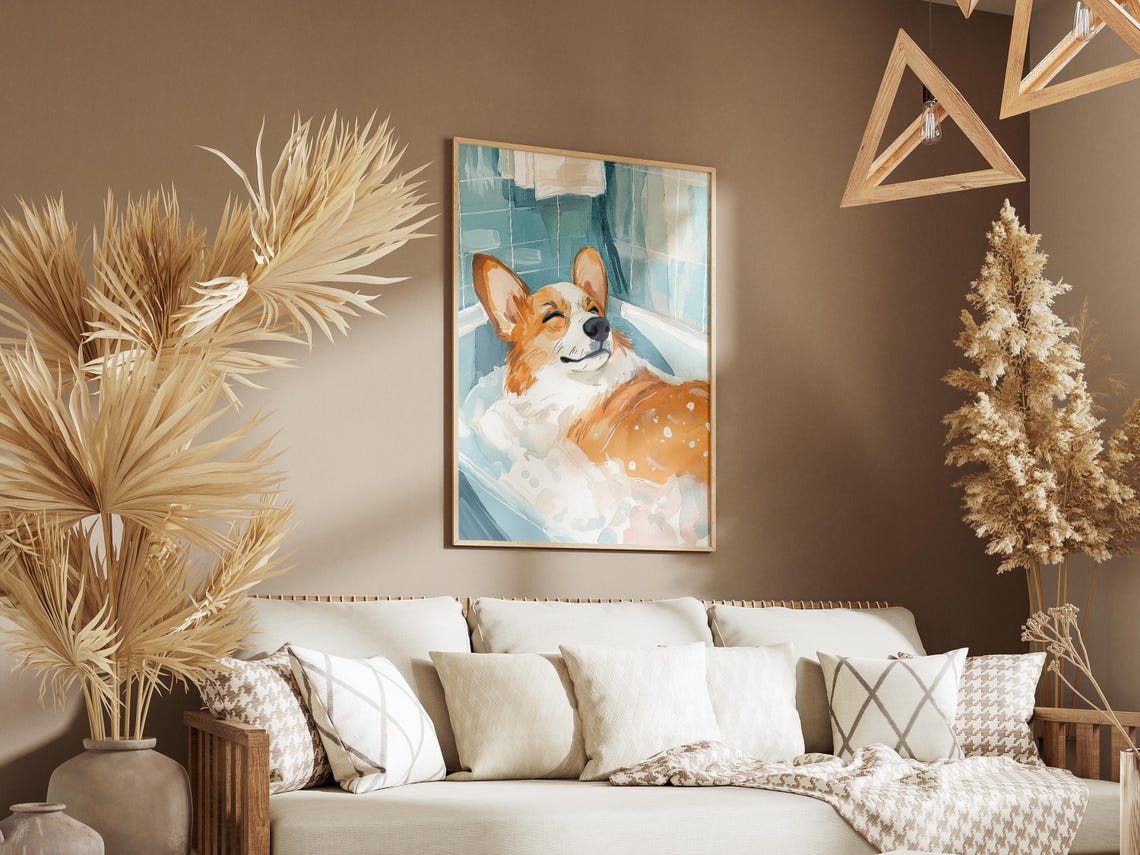 Cute Happy Corgi Bubble Bath Watercolor Blue Smiling Dog Poster - Image 3