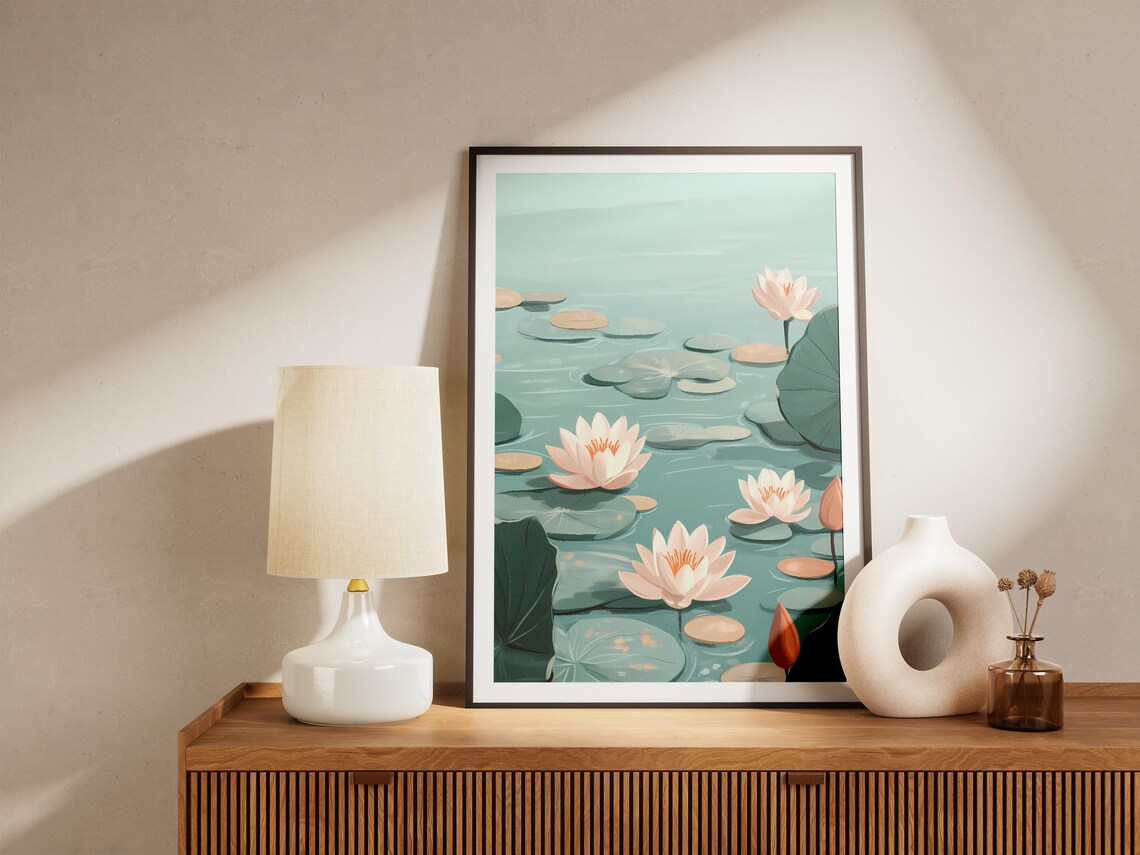 Pale Pink Water Lilies on a Teal Pond Poster With Lily Pads Calm - Image 5