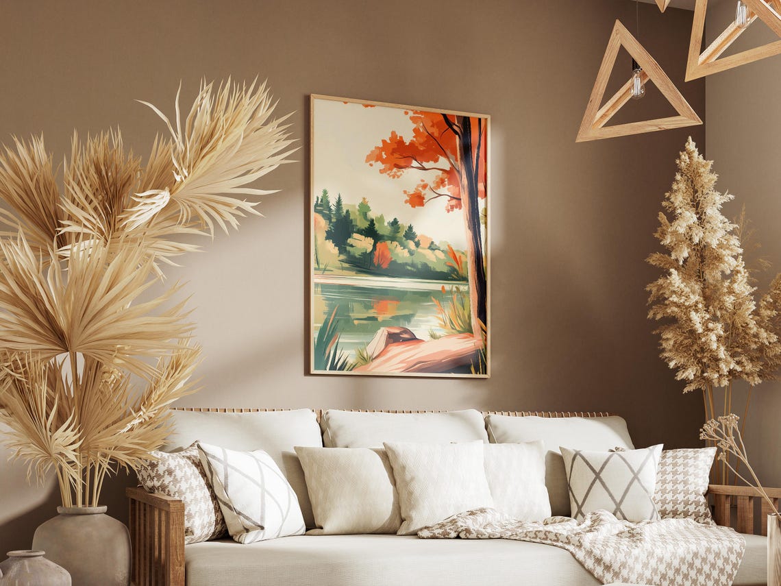 Autumn Tree With Orange Leaves Beside A Still Forest Lake Log Poster - Image 3