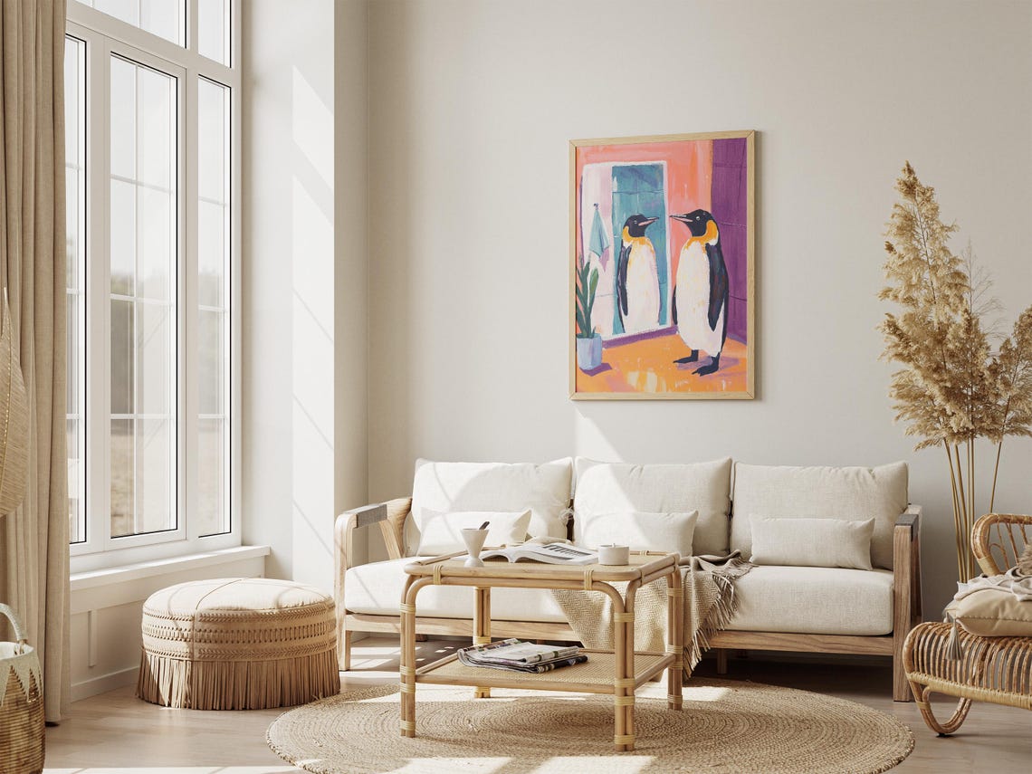 Penguin Admiring Mirror Colorful Bathroom Animal Humor Poster - Image 4