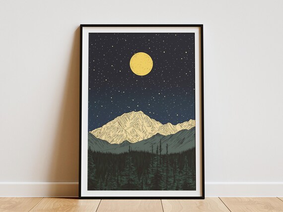Denali National Park Alaska Moonlit Snowy Peaks Forest Starry Art Poster