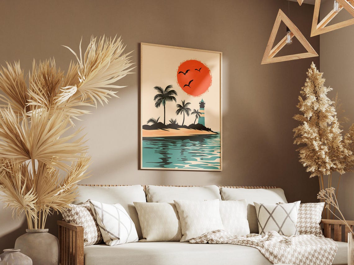Tropical Island Lighthouse Palm Trees Red Sunset Minimal Poster - Image 3
