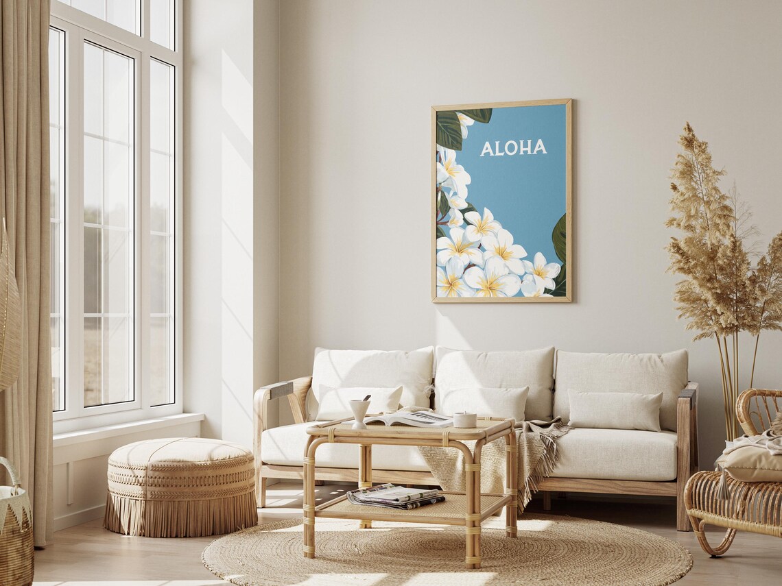 Hawaii Aloha Plumeria White Flowers Blue Tropical Floral Poster - Image 3