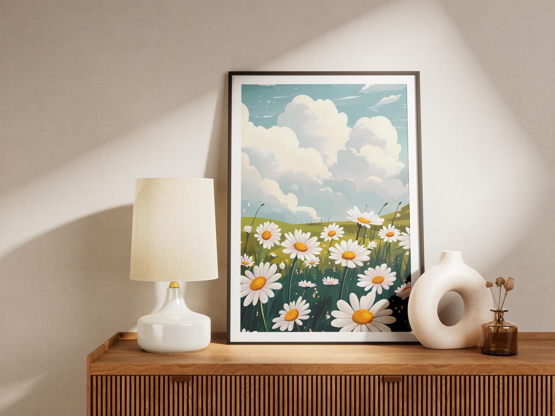 White Daisy Meadow Under Big Puffy Summer Clouds Sky Art Poster - Image 5