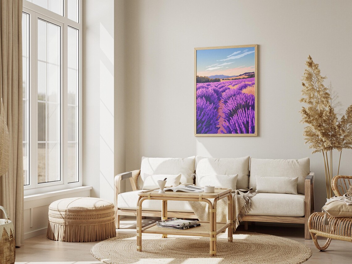 Purple Lavender Field Rows At Dawn Calm Landscape Art Poster - Image 4