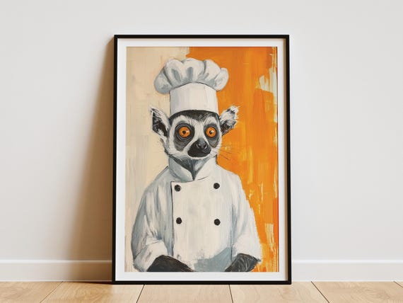 Lemur Chef Art Print Kitchen Wall Decor Animal Poster Whimsical Funny Cook Gift