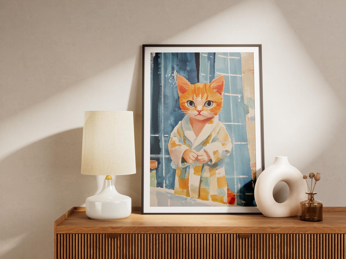 British Shorthair Kitten Art Print Nursery Wall Cat Lover Gift Cute In Bathrobe Poster Bathroom Decor Ginger Tabby - Image 4