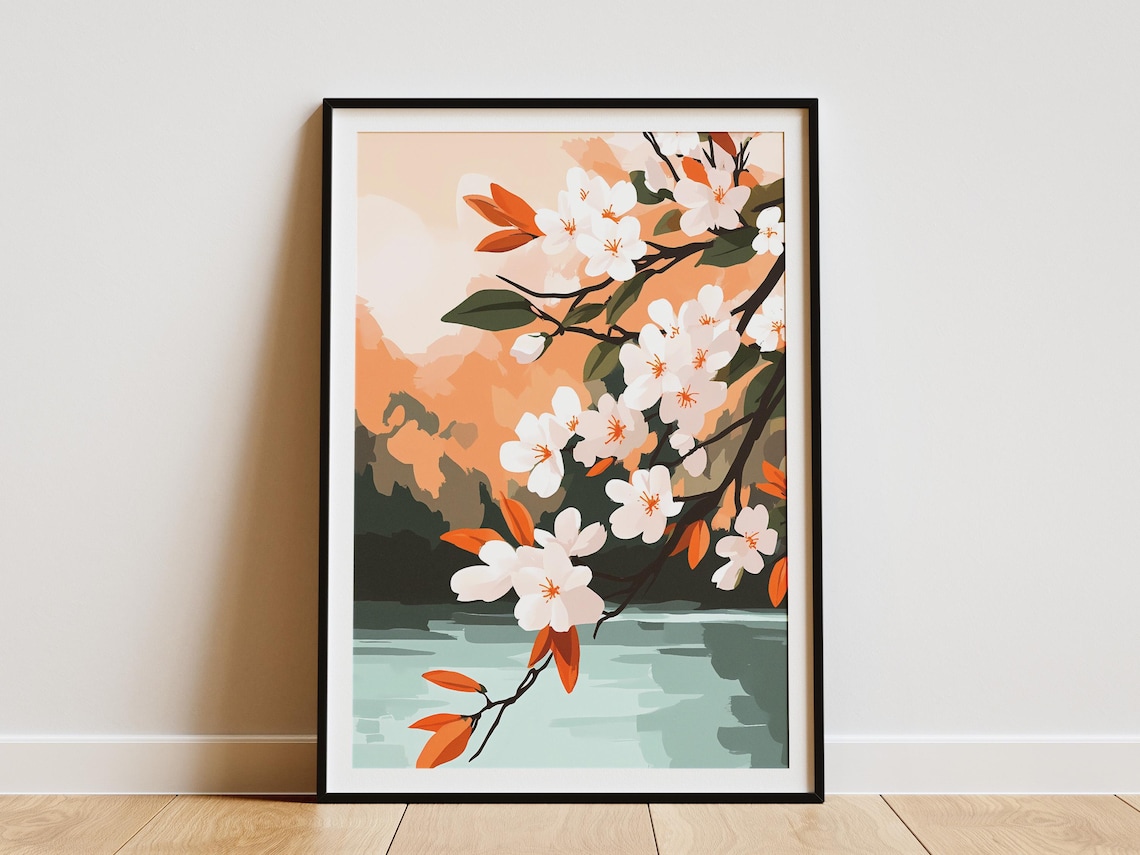 White Cherry Blossoms Hanging Over Calm Water at Dusk Floral Poster