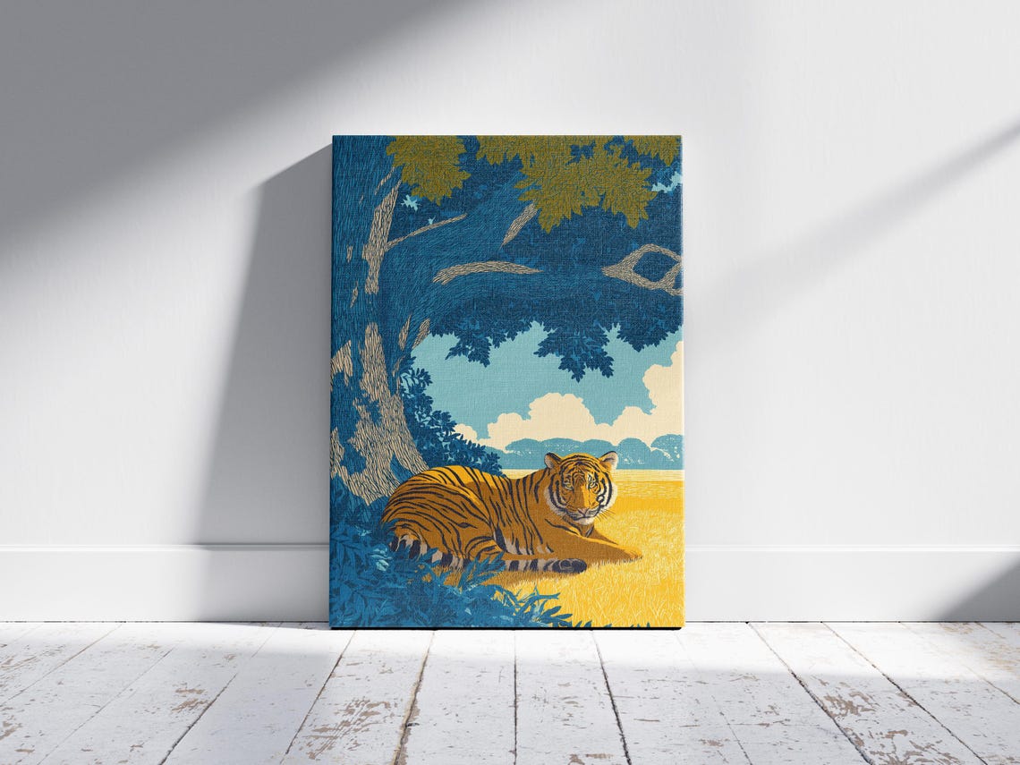 Majestic Tiger Resting Under Banyan Tree Vintage Travel Art Poster - Image 2