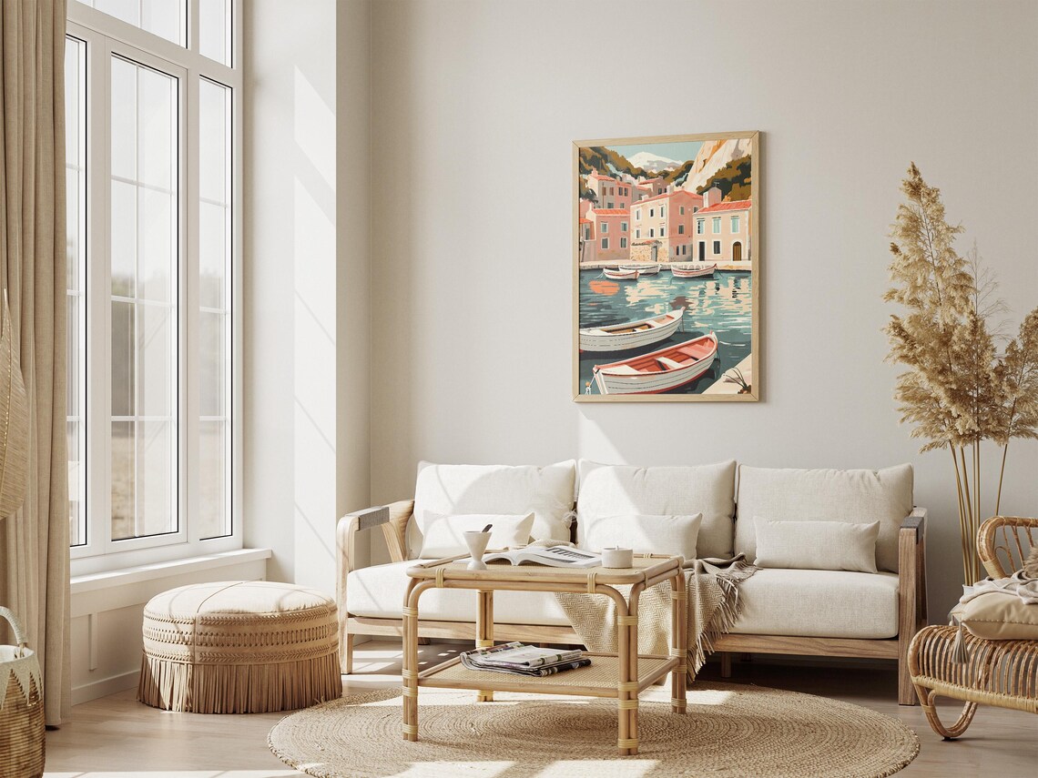 Mediterranean Harbor Village With Moored White Rowboats Poster - Image 4