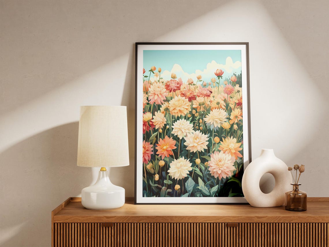Peach Cream Dahlia Flower Field Under Soft Blue Summer Sky Poster - Image 5