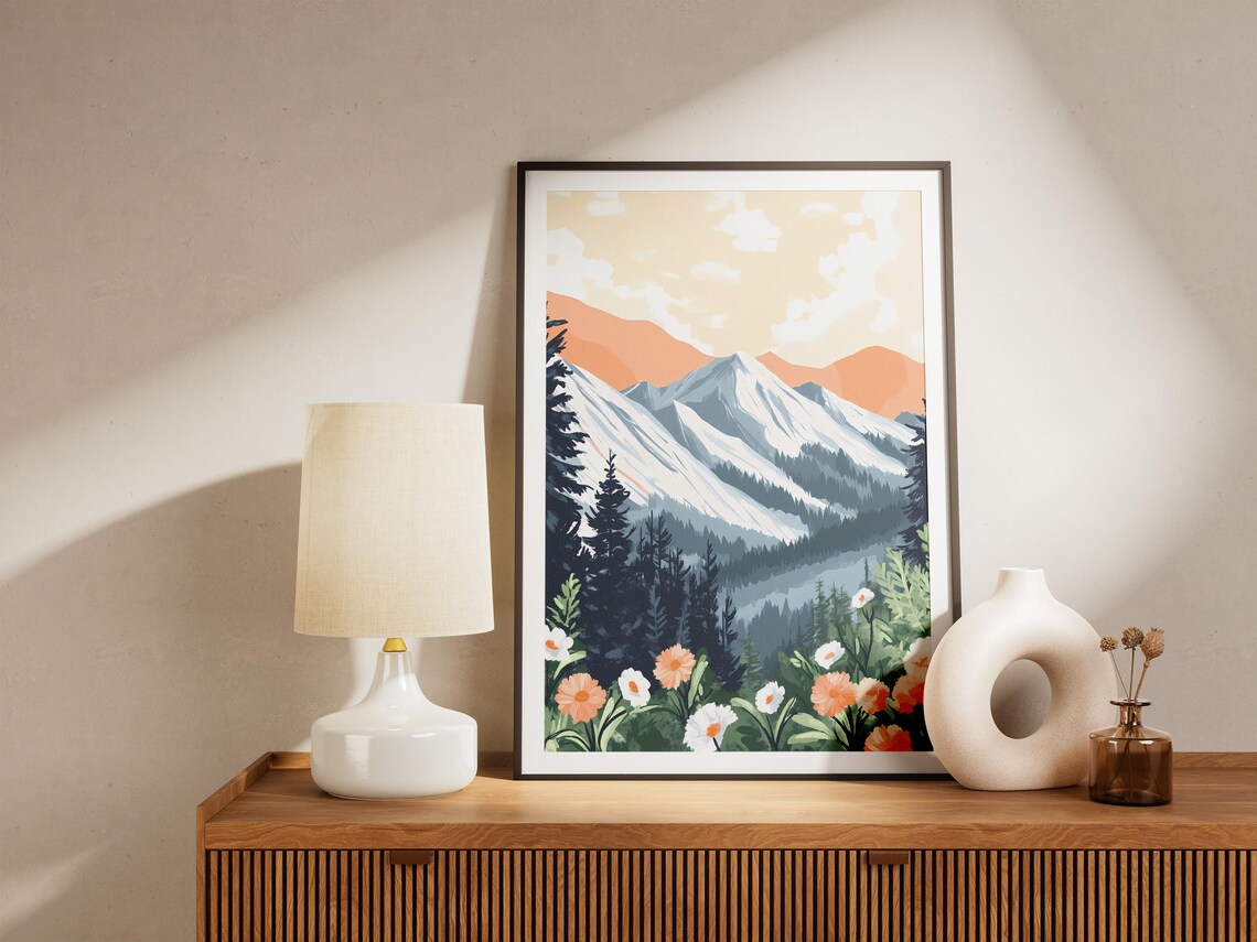 Misty Blue Mountains With Wild Daisies Botanical Landscape Poster - Image 5