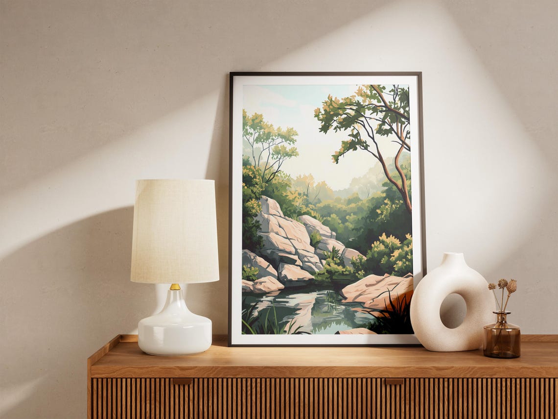 Calm Sunlit Forest Stream Smooth Rocks Lush Green Nature Poster - Image 4