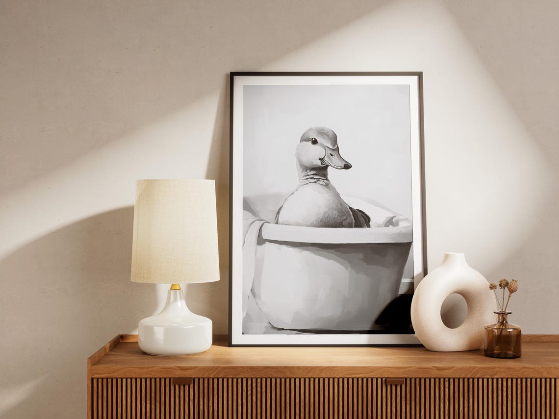 Duck In Bathtub Poster Black And White Funny Animal Bathroom Decor - Image 4