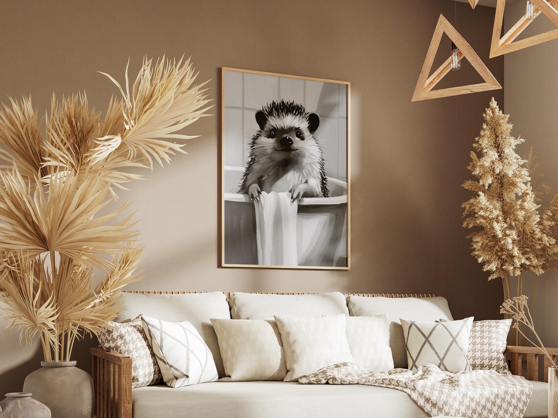 Hedgehog in Bathtub with Towel Black and White Cute Bathroom Decor Poster - Image 3