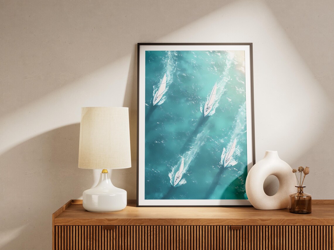 Aerial View of Four Sailboats Racing on Turquoise Water Poster - Image 5