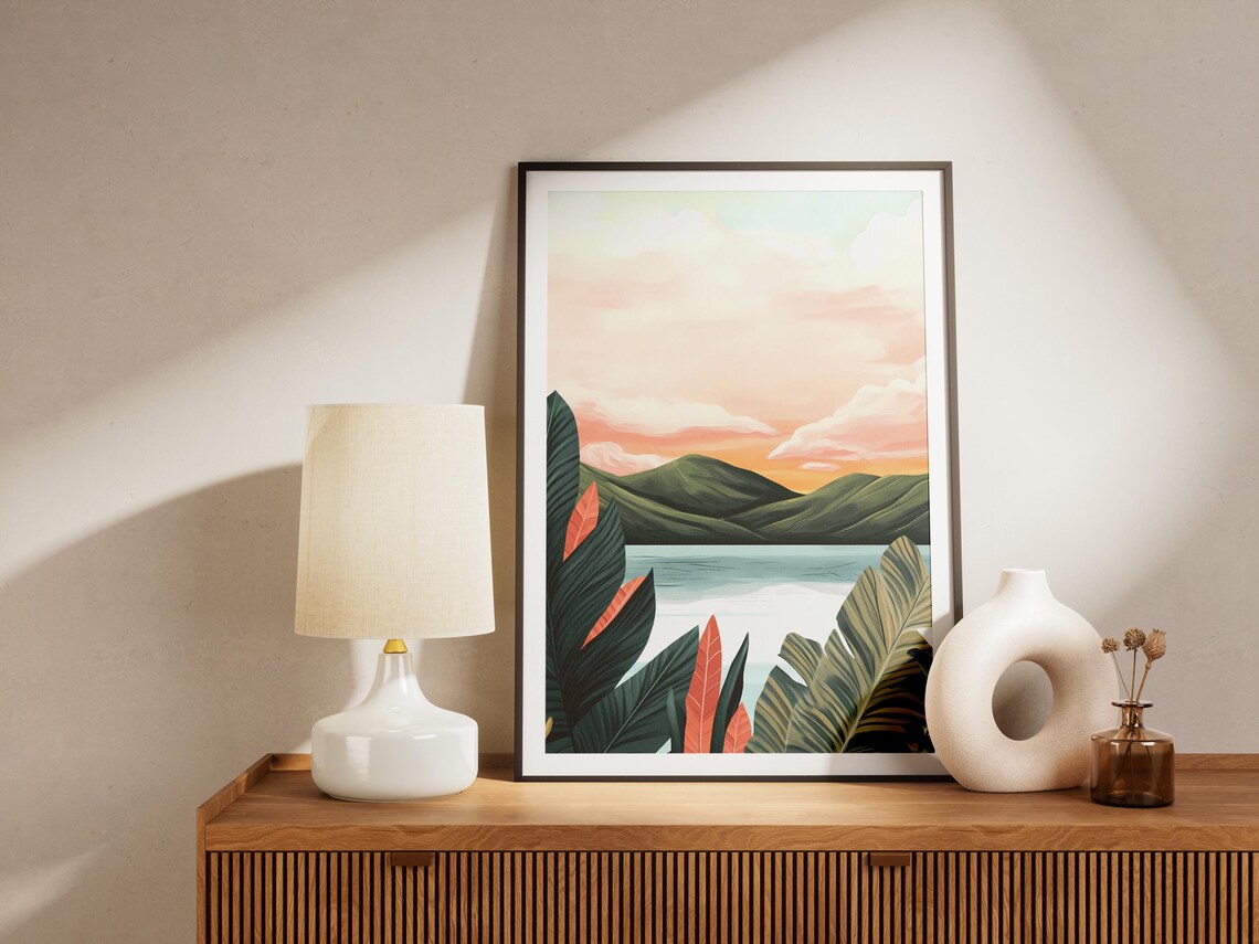 Tropical Lake House Sunset Palm Leaves Boho Nature Art Poster - Image 4