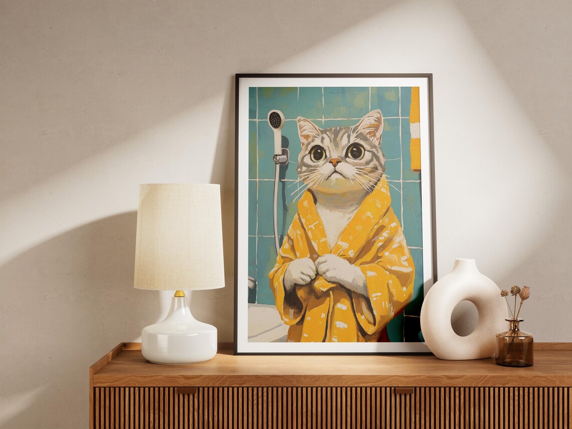 Cute Tabby Cat Yellow Bathrobe Shower Scene Bathroom Art Poster - Image 4