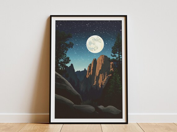 Pinnacles National Park Moonlit Rock Spires Pines Starry Night Art Poster