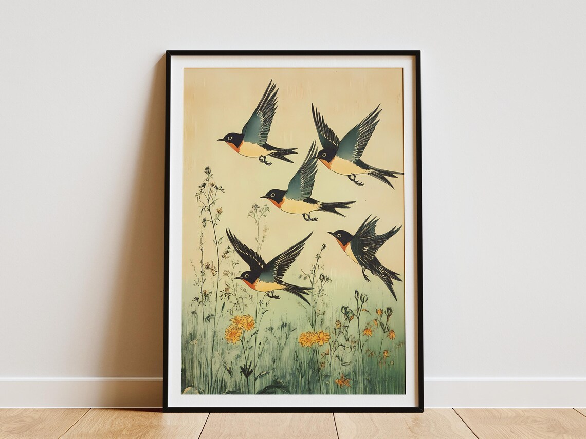 Five Barn Swallows Flying Over Wildflower Meadow Vintage Poster
