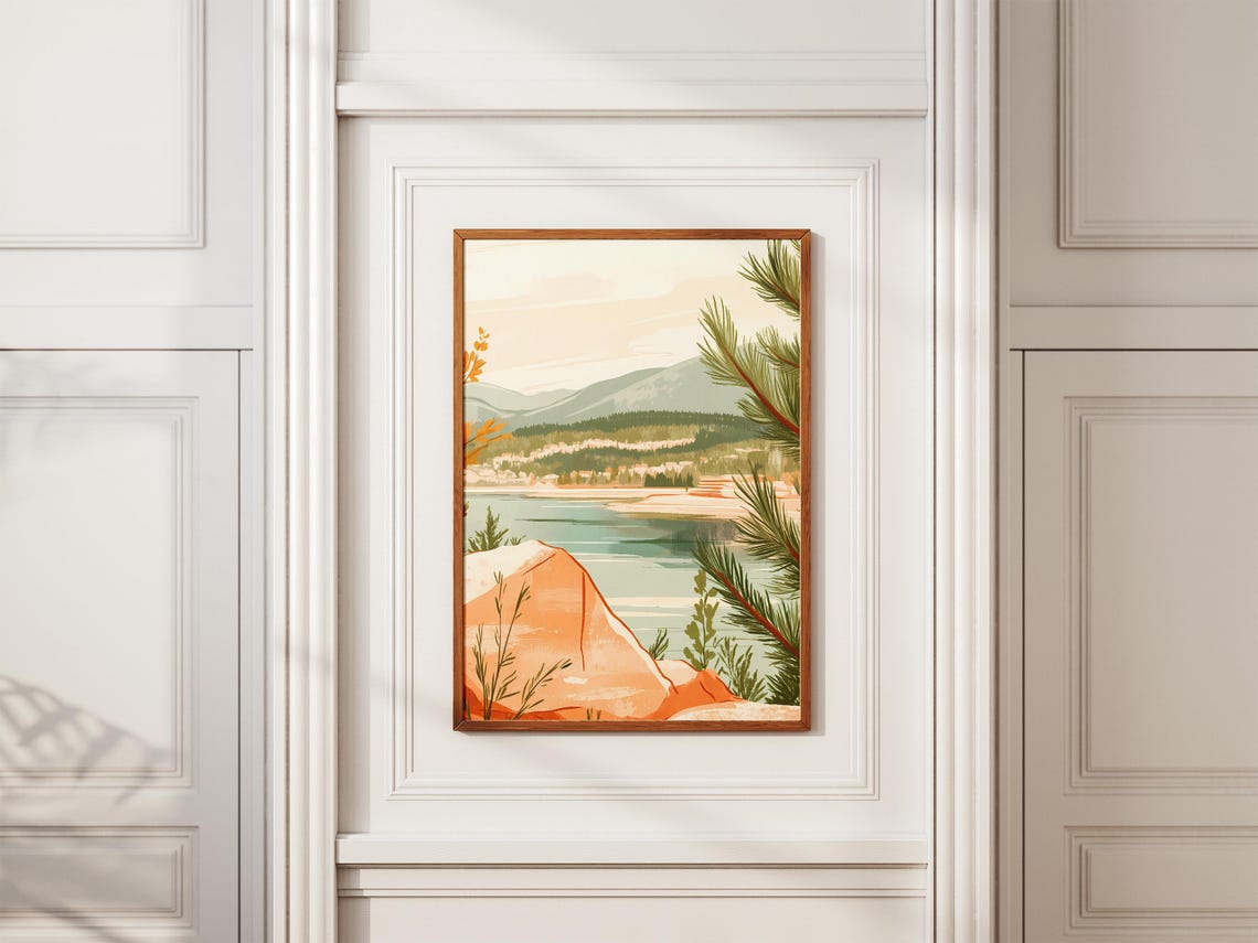 Rocky Shore Calm Lake Warm Mountain Vista Landscape Scene Poster - Image 2