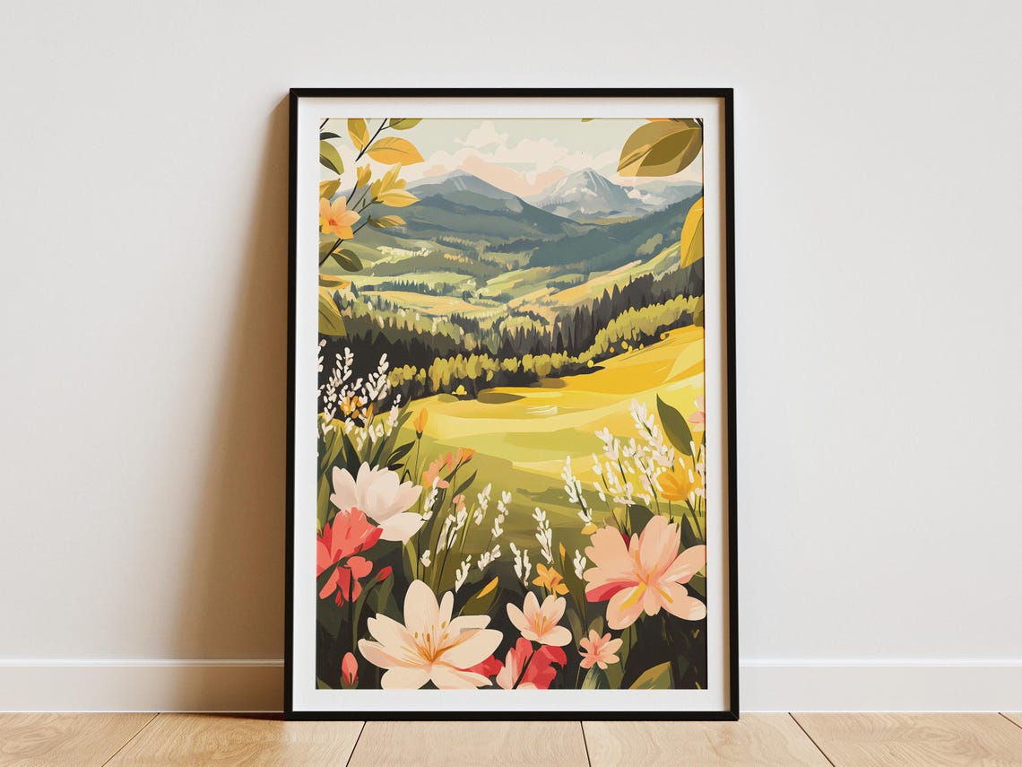 Wildflower Meadow Framed by Lilies Over a Green Valley Poster