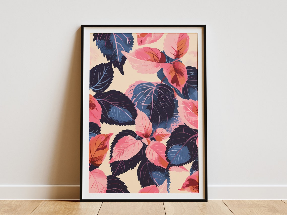 Colorful Pink and Blue Leaves Pattern Abstract Botanical Art Poster