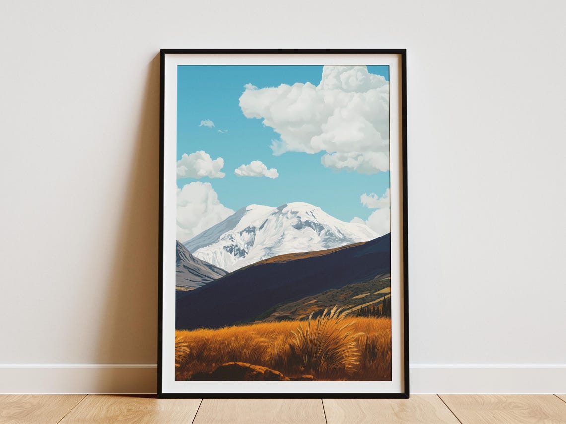 Chimborazo Mountain Ecuador Golden Grasslands Snowy Peak Poster