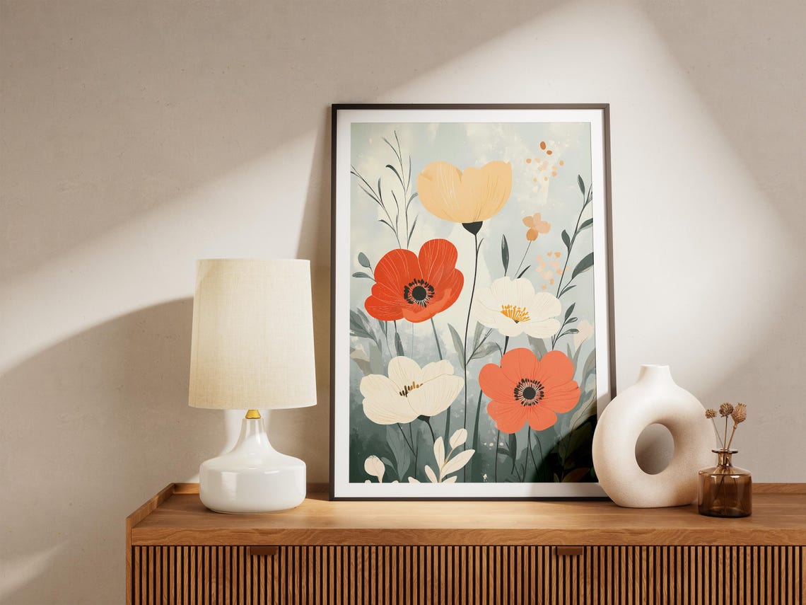 Red White Orange Anemone Wildflowers in Soft Watercolor Art Poster - Image 5