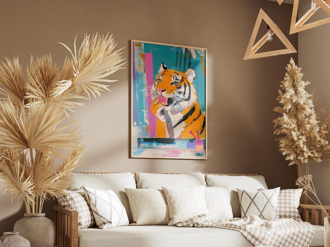 Tiger Brushing Teeth Colorful Abstract Pastel Bathroom Poster - Image 3