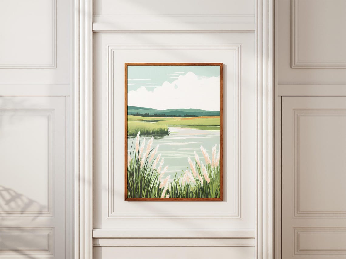 Peaceful River Marsh With Tall Grasses And Hills Landscape Art Poster - Image 2