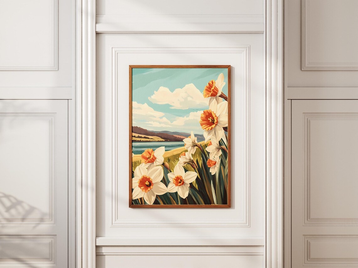 Fresh White Daffodils By The Lake Spring Day Landscape Poster - Image 2