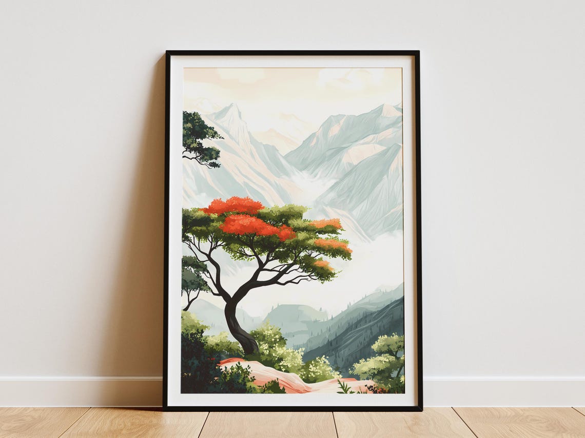 Red Blossom Tree Standing Before Misty Mountain Peaks Poster