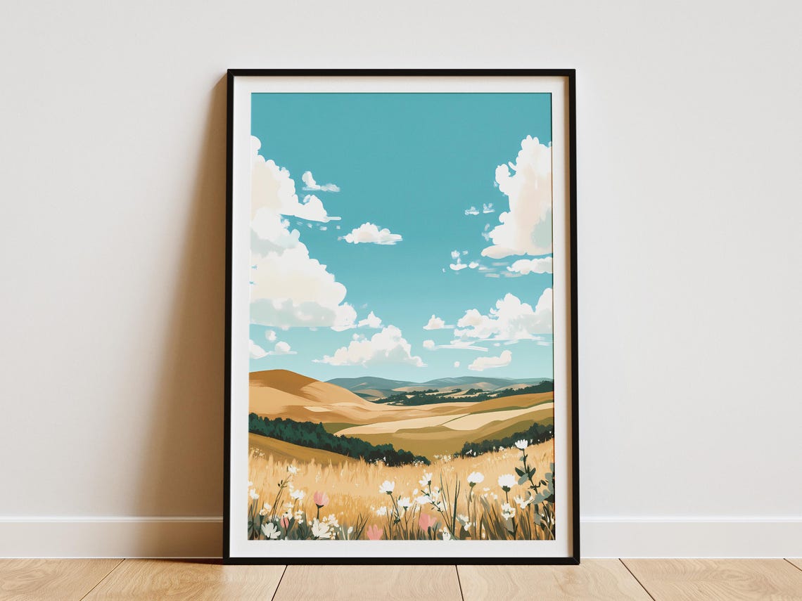 Golden Wheat Fields Under Big Clouds Summer Landscape Art Poster