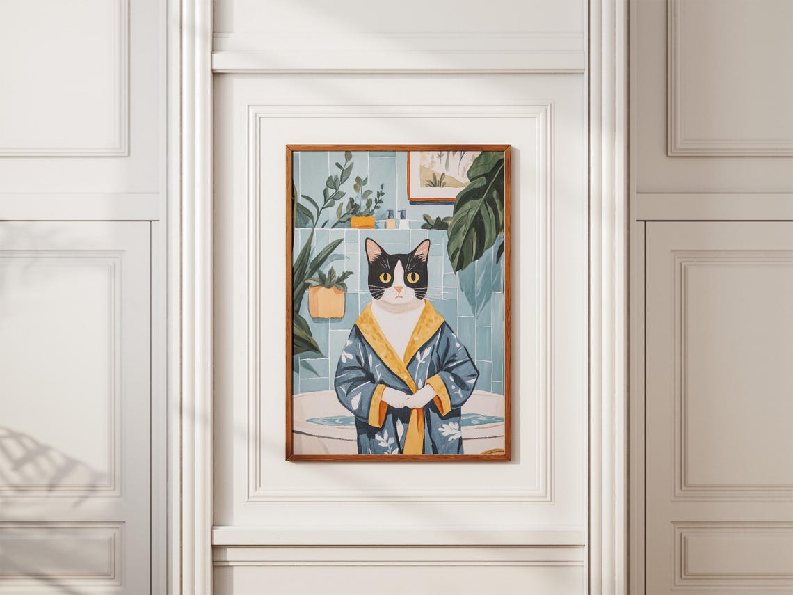 Tuxedo Cat Standing in a Blue and Gold Bathrobe Bathroom Poster - Image 2
