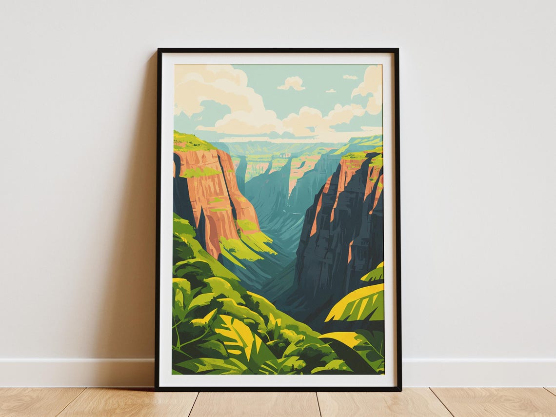 Waimea Canyon Kauai Shadowed Cliffs Tropical Banana Leaves Poster