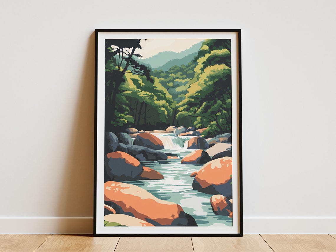 Misty Forest River Red Rock Waterfall Wilderness Landscape Poster