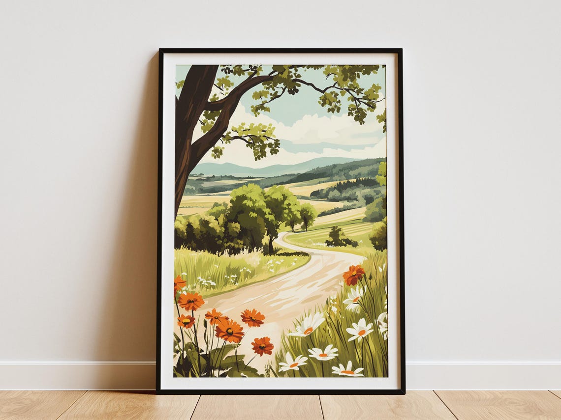 Winding Country Road Through Green Summer Fields Landscape Poster