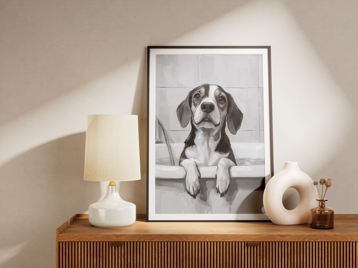Beagle Puppy Dog In Bathtub Black and White Cute Animal Poster - Image 4